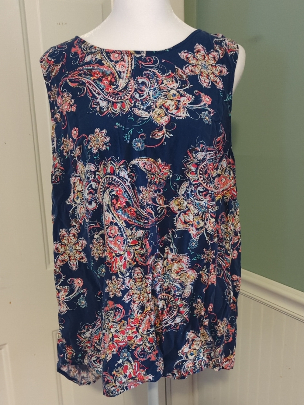 Navy Floral Paisley Sleeveless Tunic Pale Sky XL Women's Button On Neck